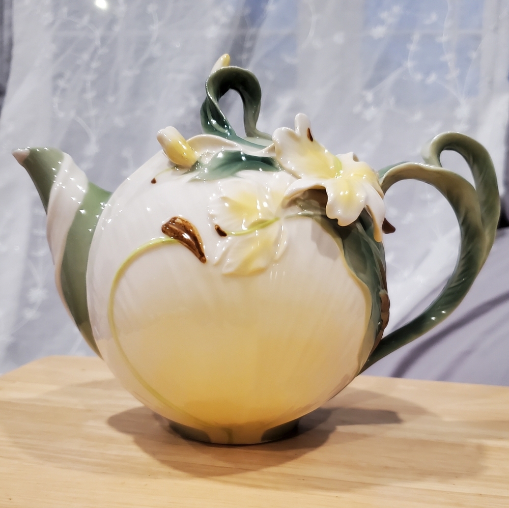Pier 1 Imports Ginger Lily Teapot Floral Whimsical White Porcelain Hand Painted